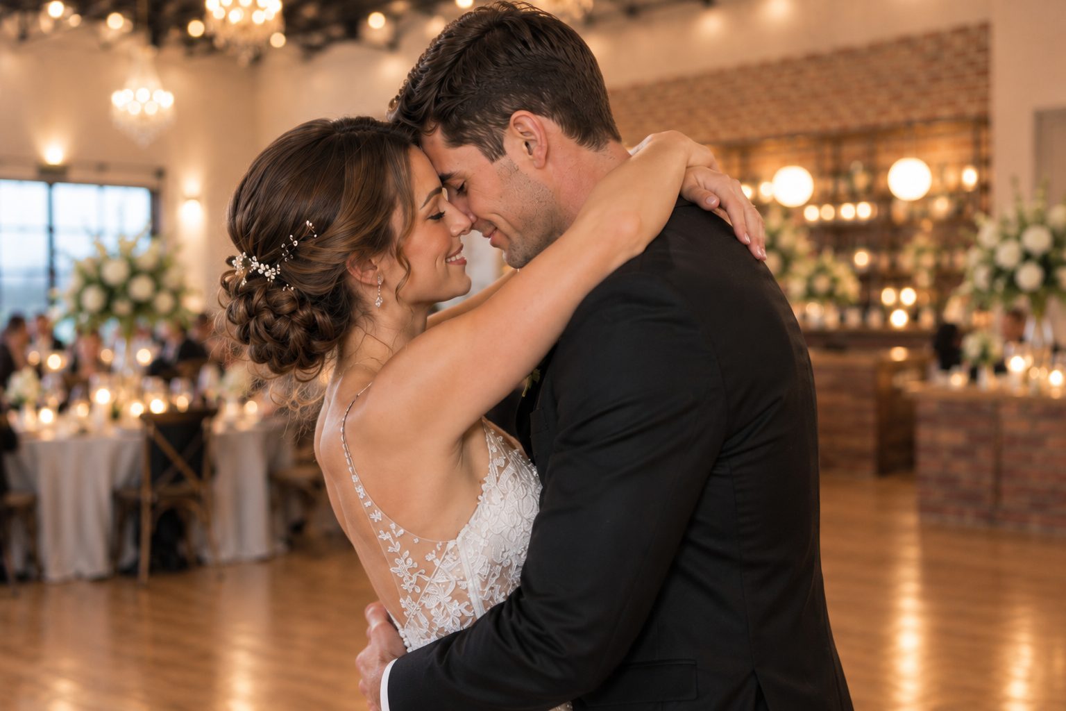 Artist rendering of a bride and groom embracing in a warmly lit reception space