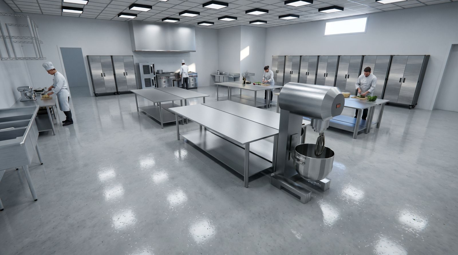 Artist rendering of a commercial kitchen with stainless-steel worktables and cooking equipment