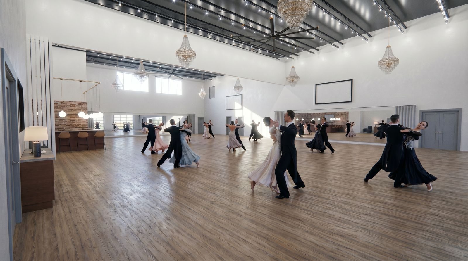 Artist rendering of couples practicing ballroom dancing in a spacious hall