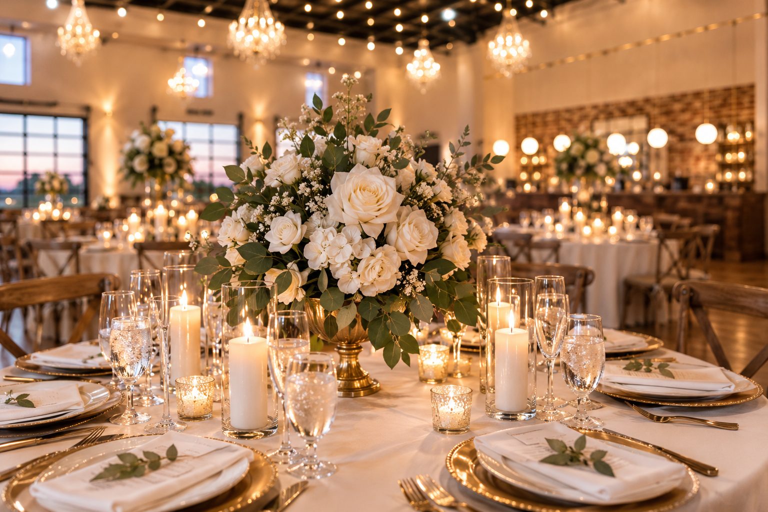 Artist rendering of a candlelit wedding table with white floral centerpieces, gold chargers and glassware beneath Grand Hall chandeliers