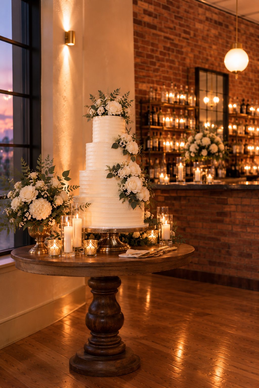 Artist rendering of a tiered white wedding cake decorated with roses and greenery, surrounded by candles on a wooden table