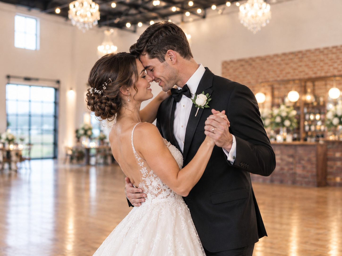 Artist rendering of a bride and groom smiling as they dance beneath chandeliers in a warmly lit reception hall