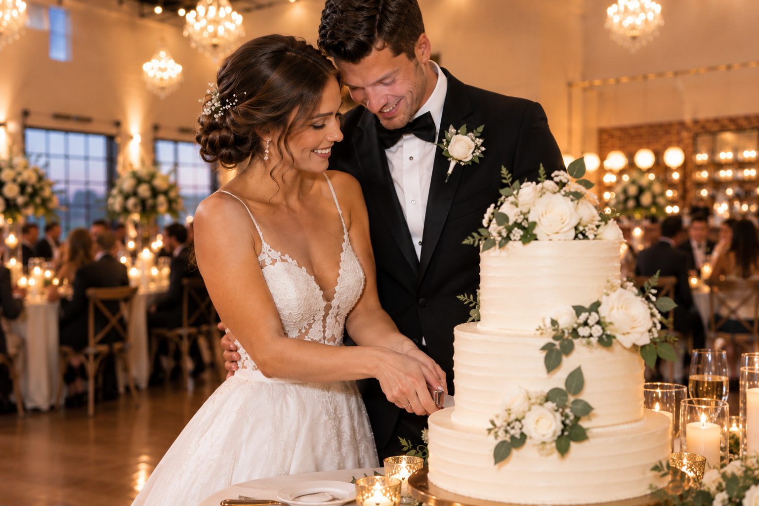 Artist rendering of newlyweds cutting a tiered white wedding cake decorated with flowers and greenery in the Grand Hall