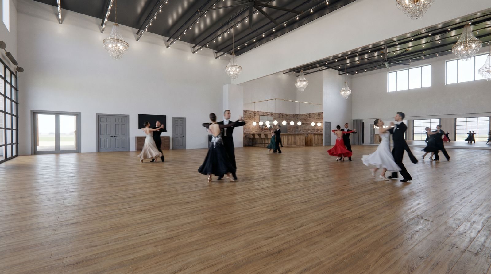 Artist rendering of couples dancing across the Grand Hall's open hardwood floor beneath crystal chandeliers