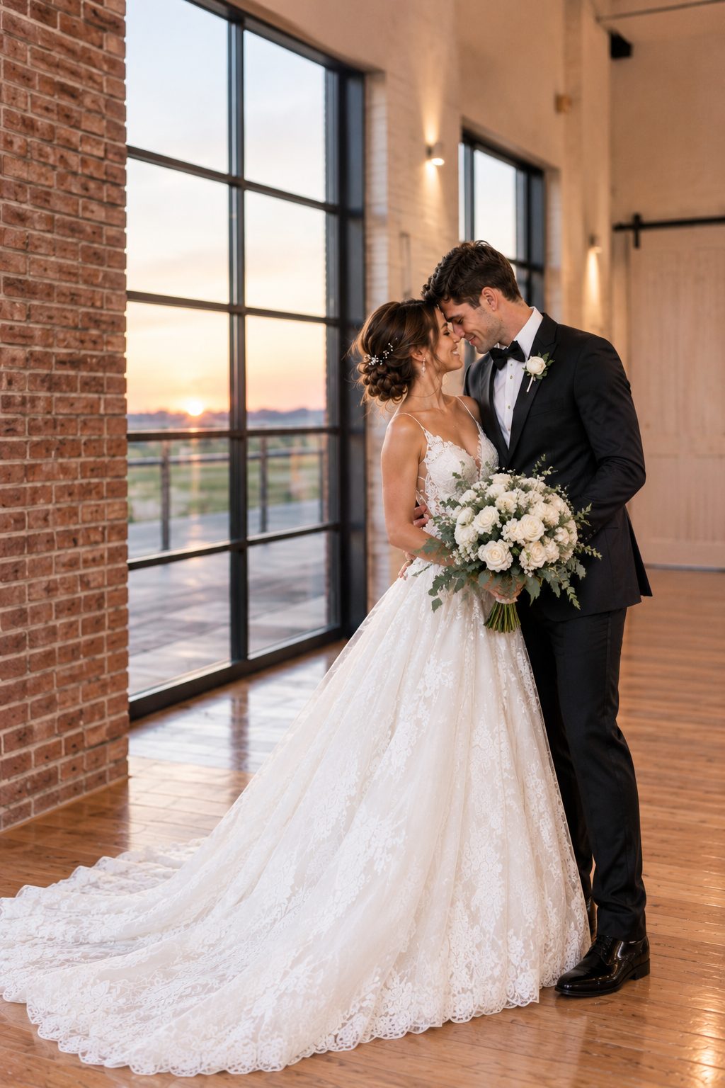 Artist rendering of a bride and groom embracing beside a large window