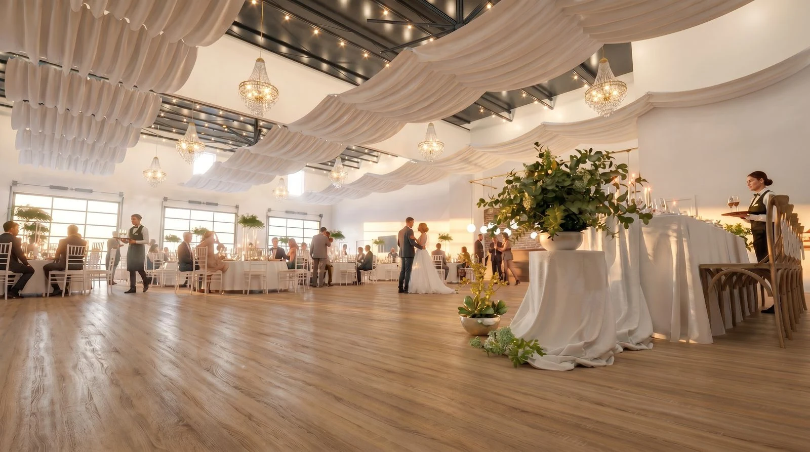 Rendering of reception tables with floral centrepieces