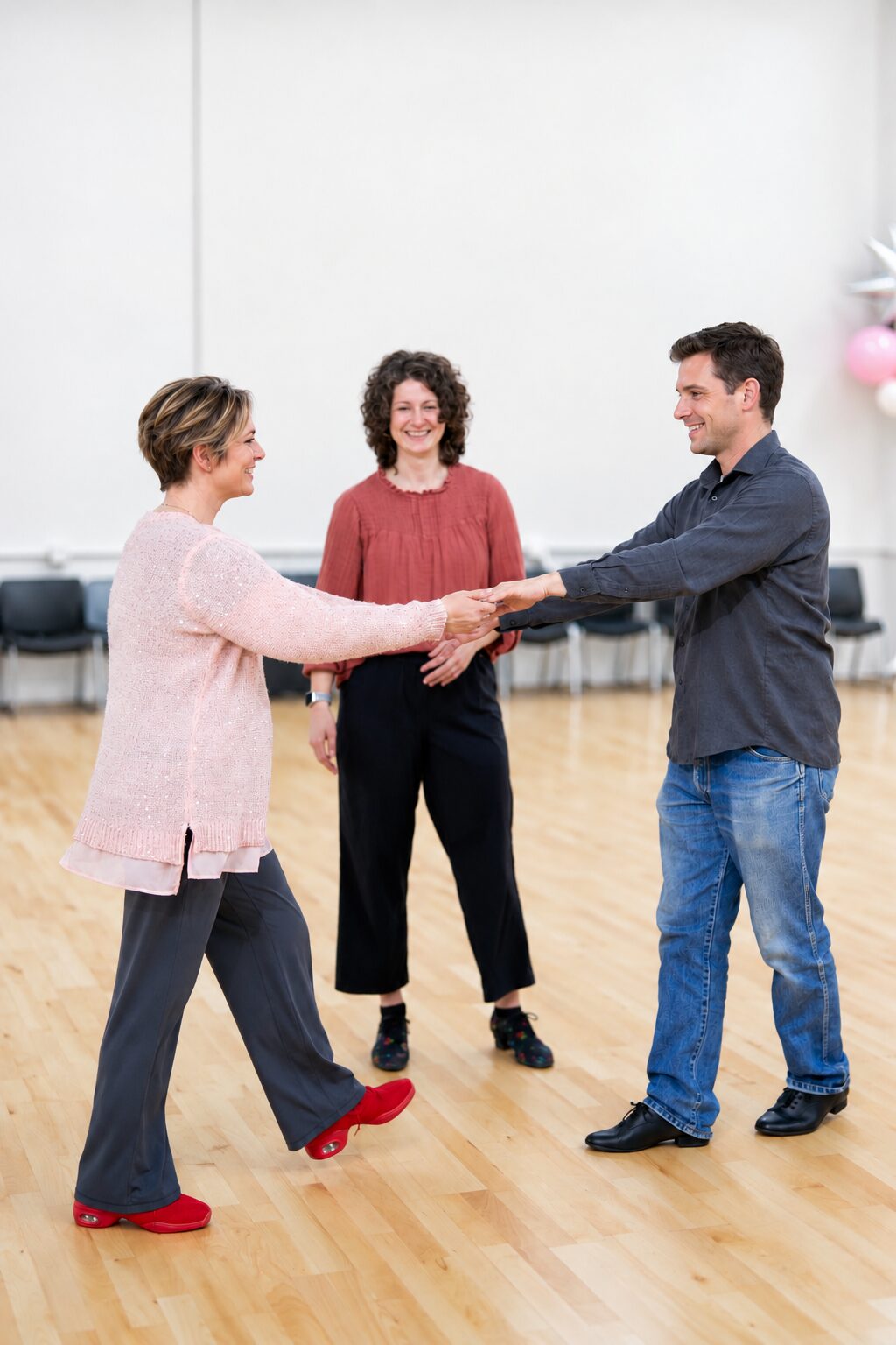 Rendering of a couple practising their first dance in a bright ballroom studio