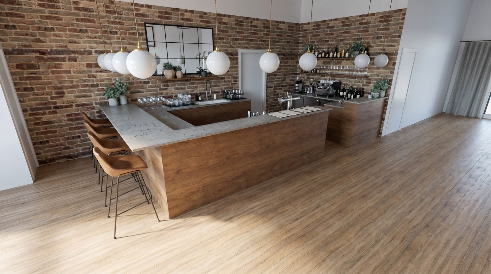 Artist rendering of the Grand Hall's built-in bar with a brick wall, pendant lights, bar stools and hardwood floors