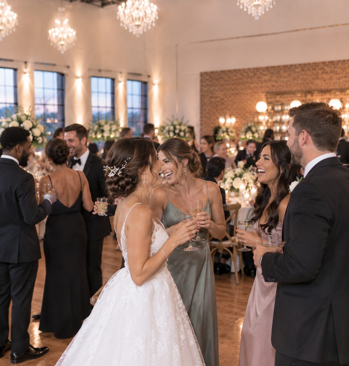 Artist rendering of a bride and groom celebrating with guests beneath crystal chandeliers in the Grand Hall