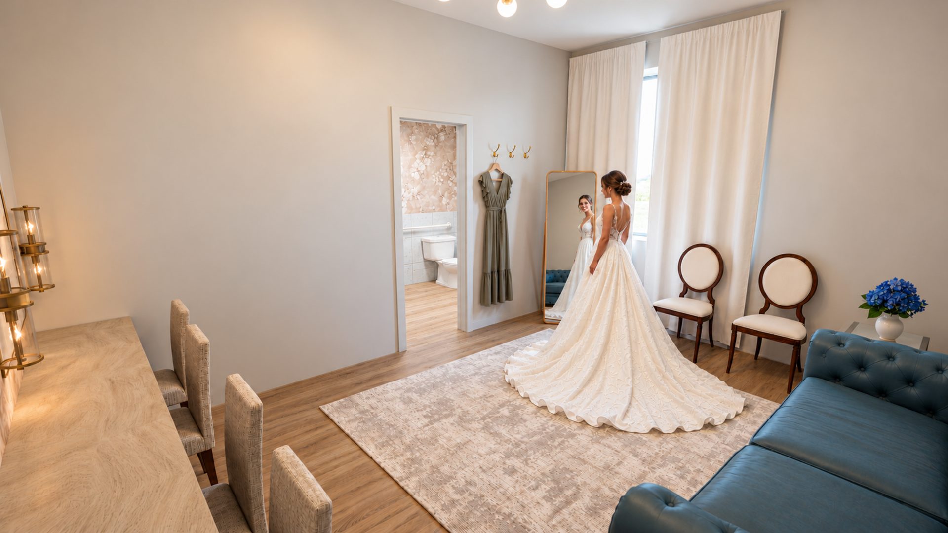 Artist rendering of a bride in a wedding gown in a softly lit dressing suite