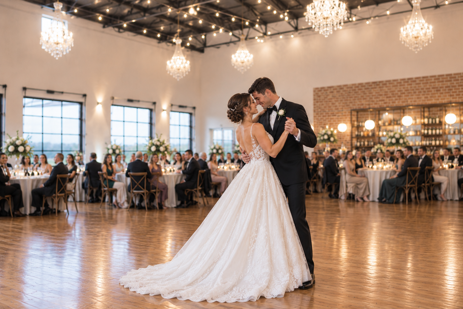 Rendering of a couple's first dance in the Grand Hall surrounded by seated guests