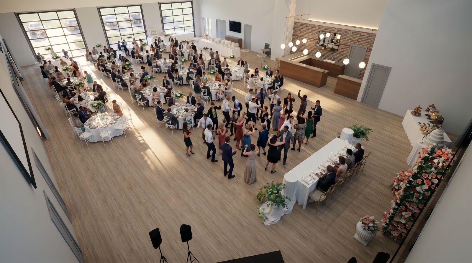 Artist rendering of an overhead view of wedding guests gathered on the Grand Hall dance floor beside reception tables and a buffet