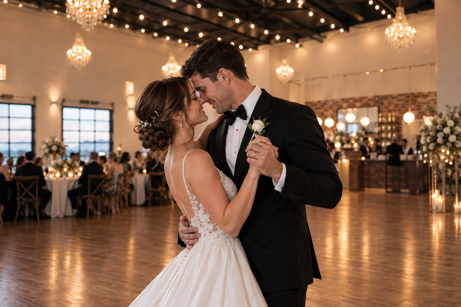 Rendering of a couple sharing their first dance by candlelight in the Grand Hall