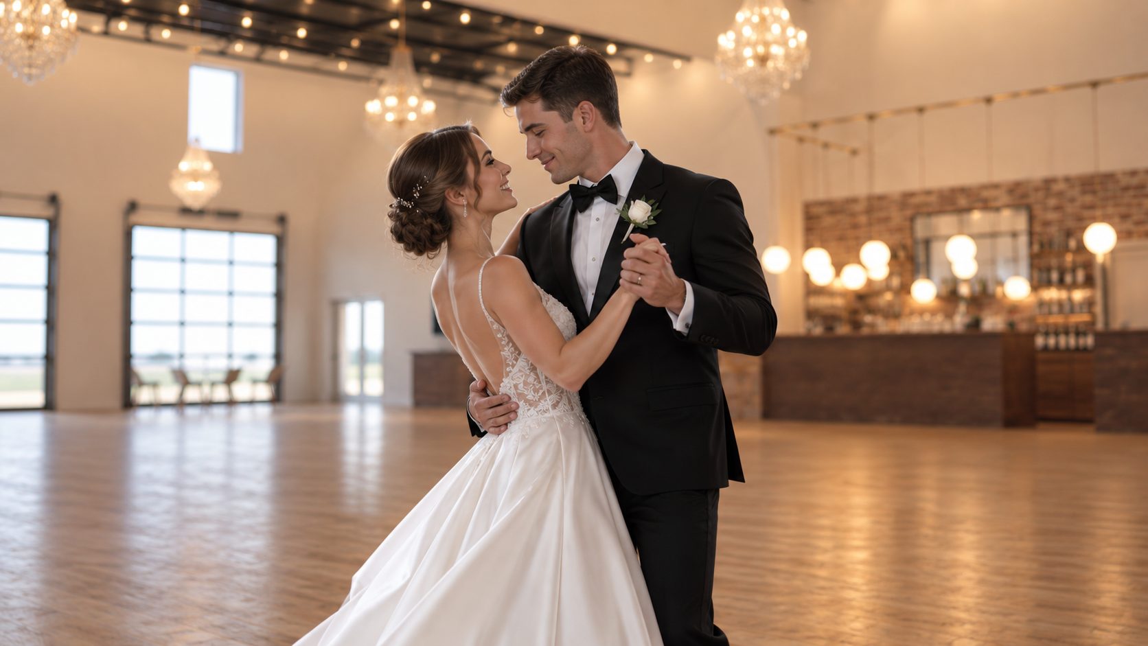 Artist rendering of a bride and groom slow dancing in a bright reception hall