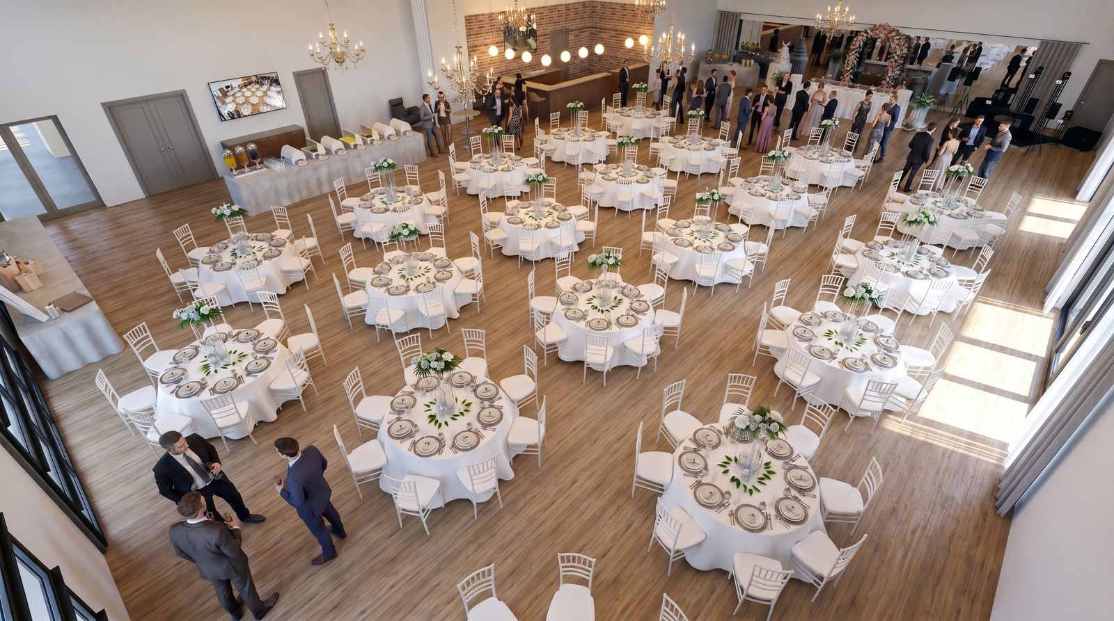 Rendering of reception tables dressed with linens, glassware and florals