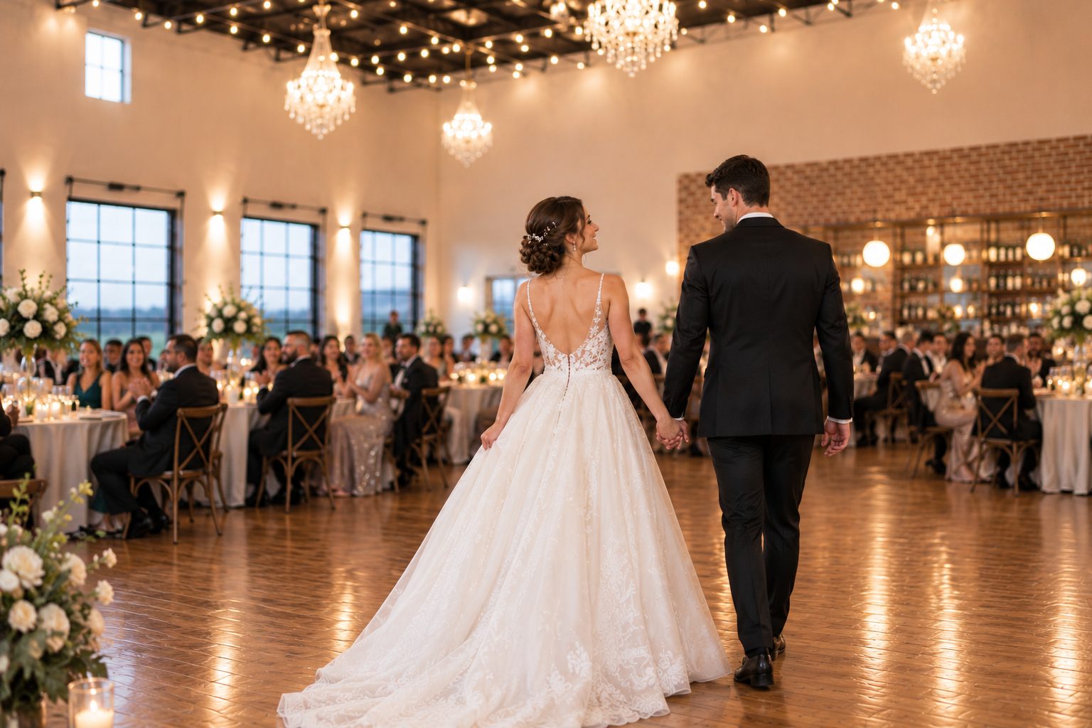 Artist rendering of newlyweds walking hand in hand across the Grand Hall's hardwood floor as wedding guests look on