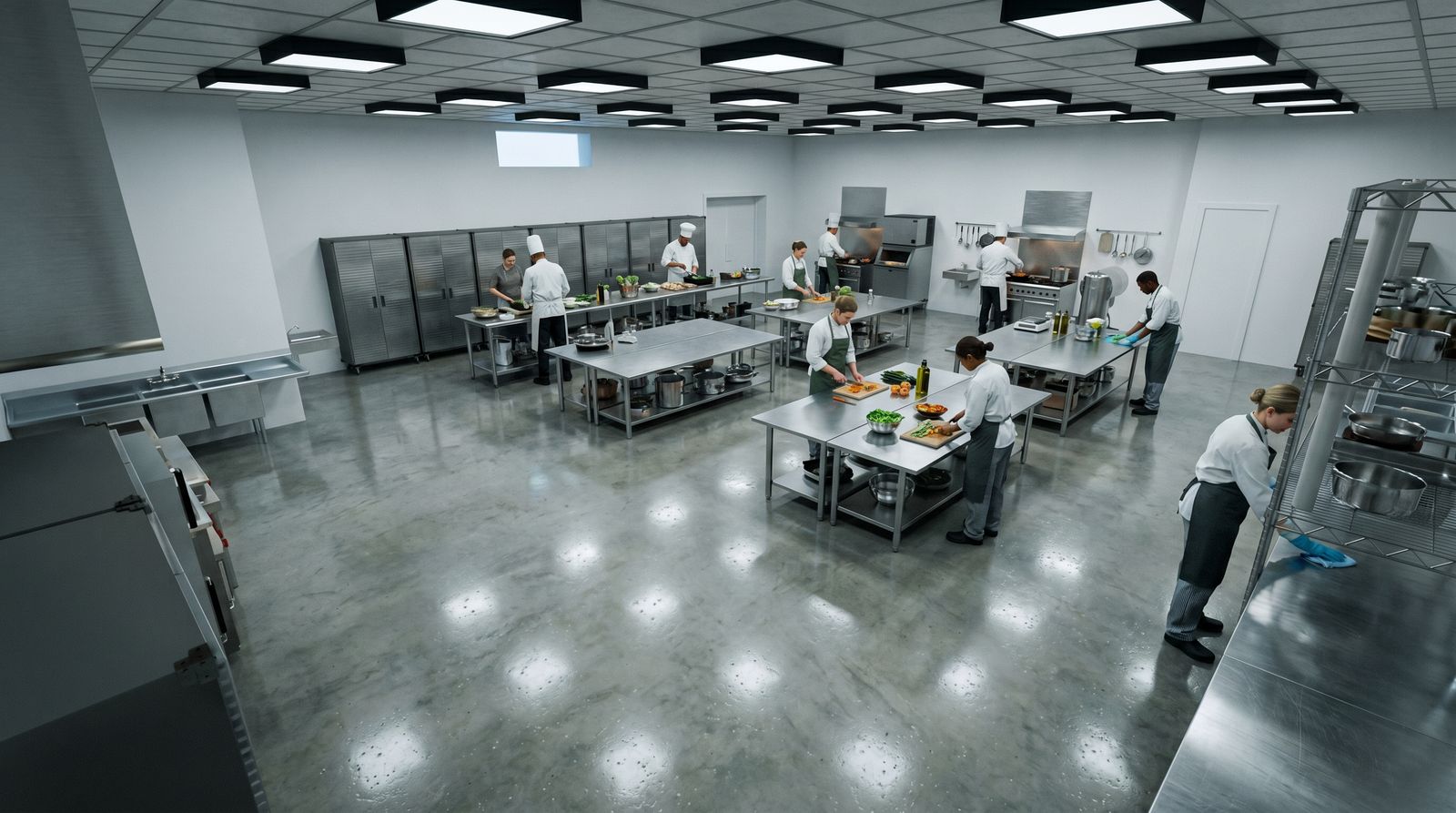 Rendering of the full-service commissary kitchen with stainless steel equipment