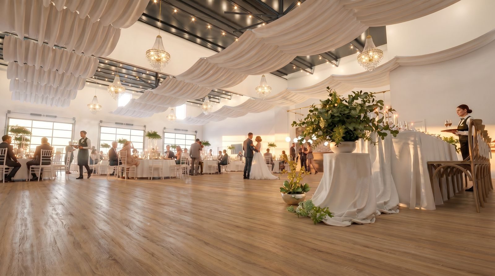 Artist rendering of a wedding reception with white ceiling drapes, chandeliers, floral arrangements and a spacious hardwood dance floor