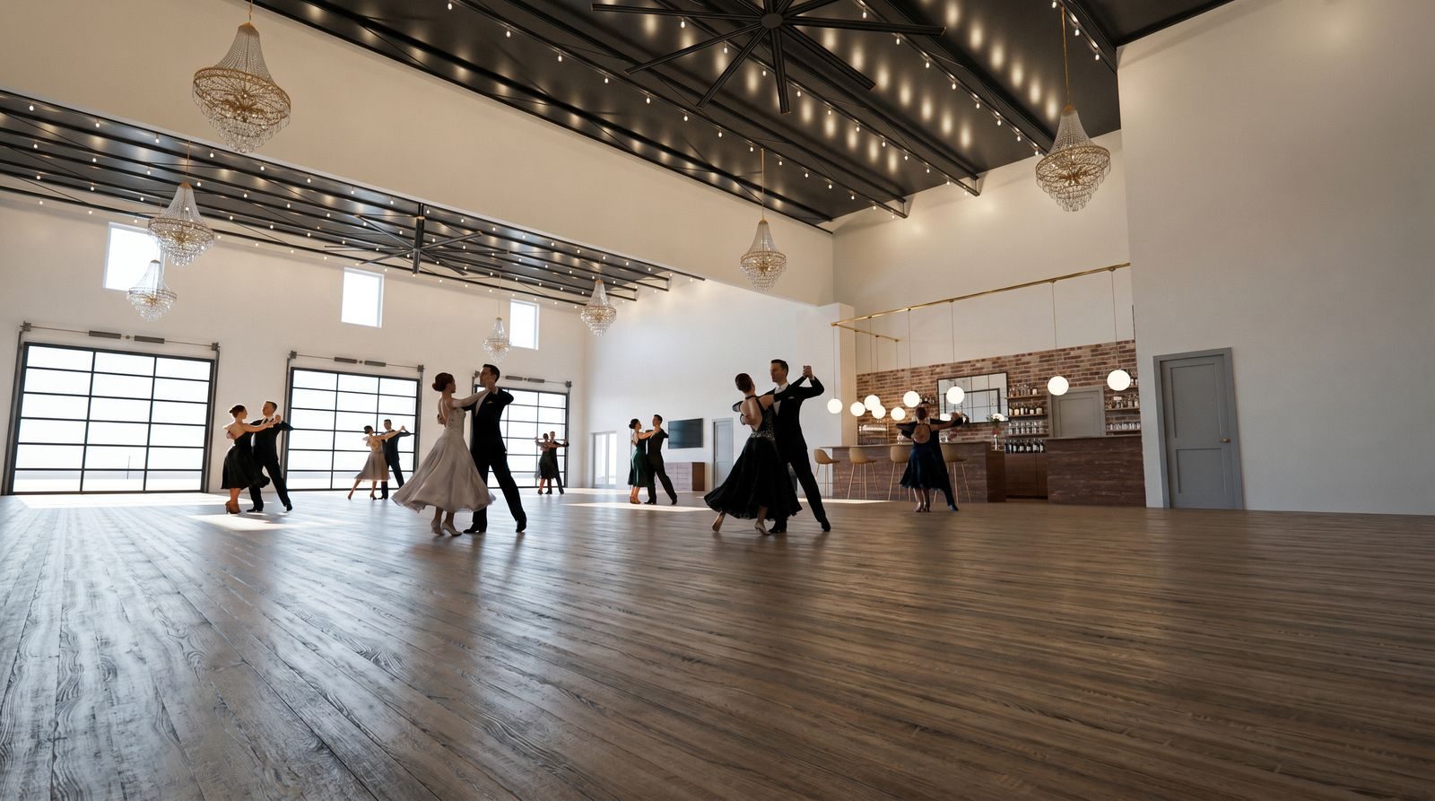 Artist rendering of dancers in the Grand Hall beneath chandeliers and exposed ceiling beams, with glass bay doors and hardwood floors