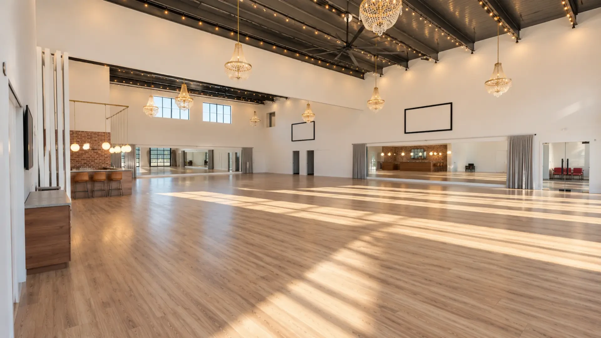 Rendering of the empty Grand Hall with chandeliers and hardwood floors
