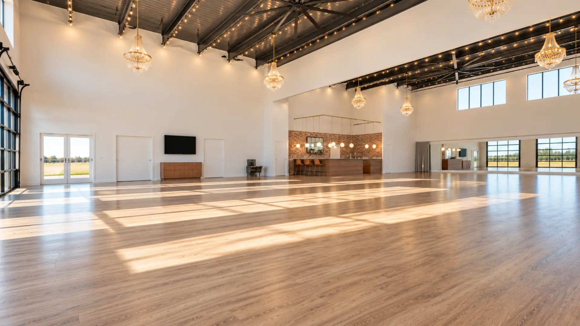 Artist rendering of the Grand Hall with crystal chandeliers, sunlit hardwood floors, wall mirrors and a brick-backed built-in bar