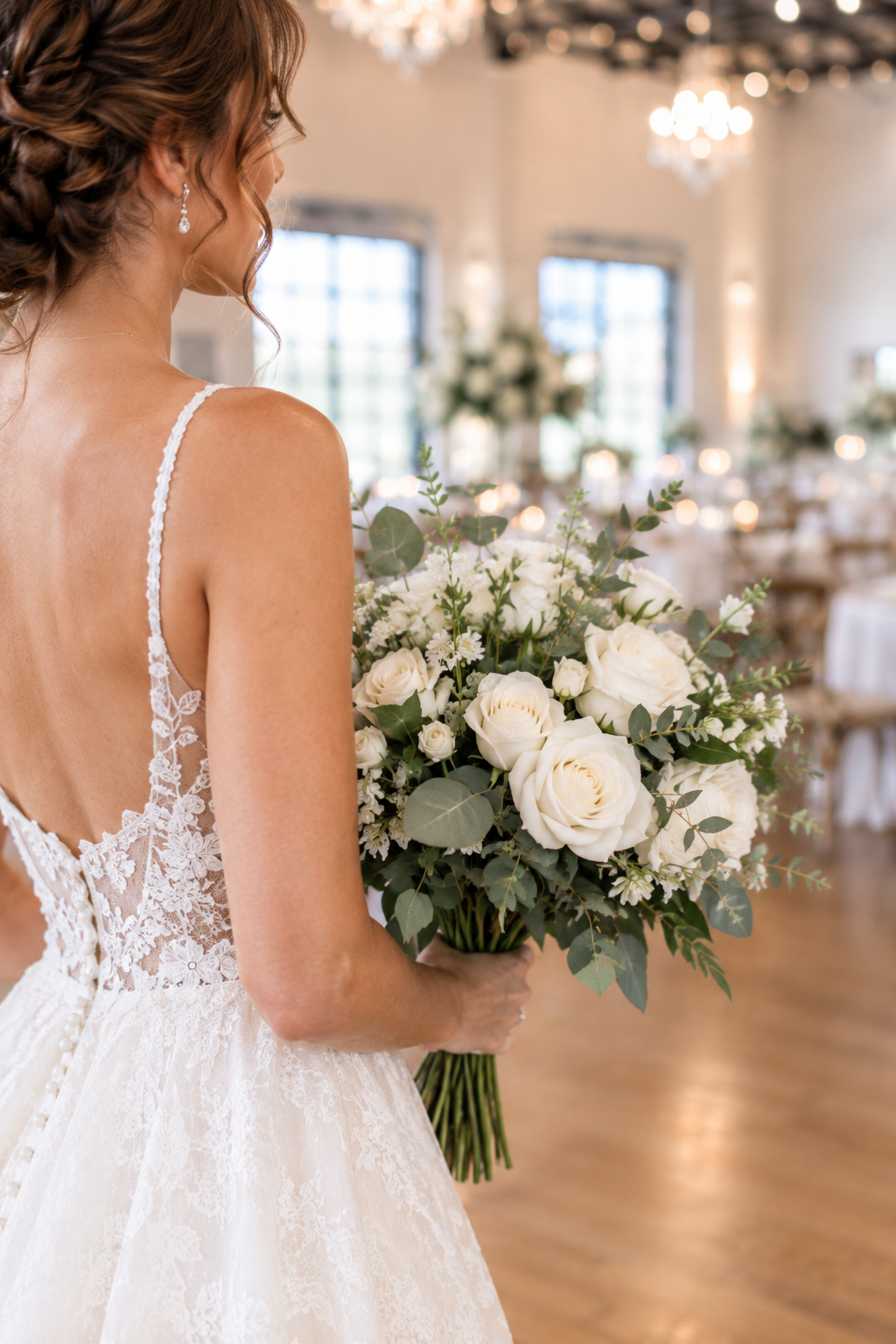 Artist rendering of a bride holding a bouquet of white roses and greenery in the chandelier-lit Grand Hall