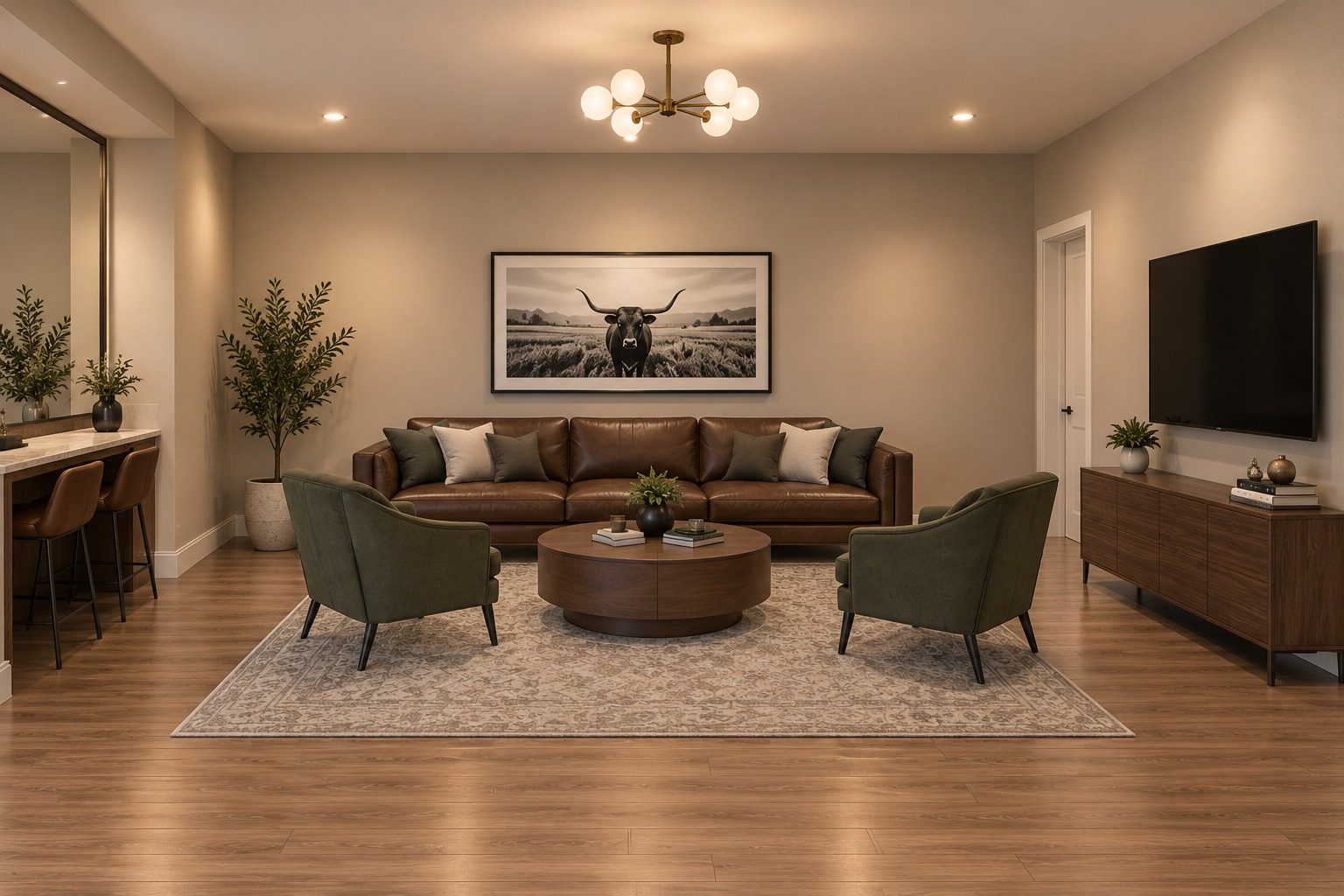 Rendering of the Groom's Room with a leather sofa, armchairs, grooming counter and TV console