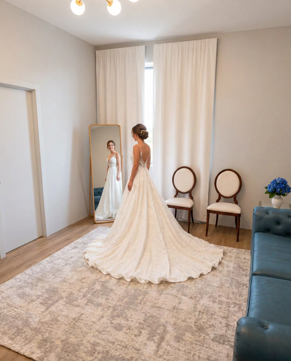 Artist rendering of a bride admiring her gown in the Bridal Suite's full-length mirror beside ivory curtains, accent chairs and a blue sofa